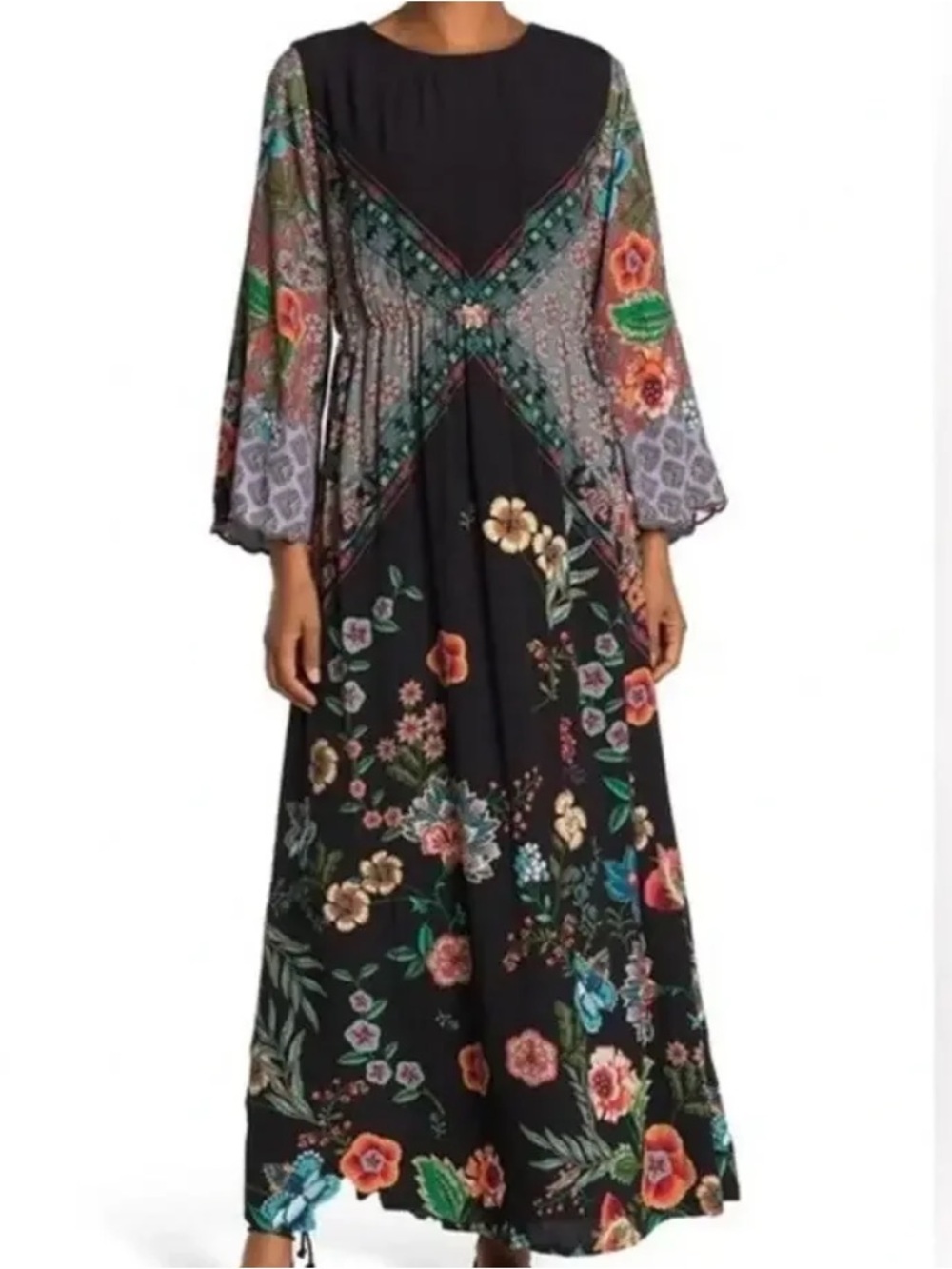 JOHNNY WAS Black Floral Panel Freya Dress MAXI Long Sleeve Women’s Large